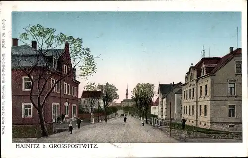 Golden Windows Leuchtfenster Ak Hainitz Großpostwitz in Sachsen, Straßenpartie