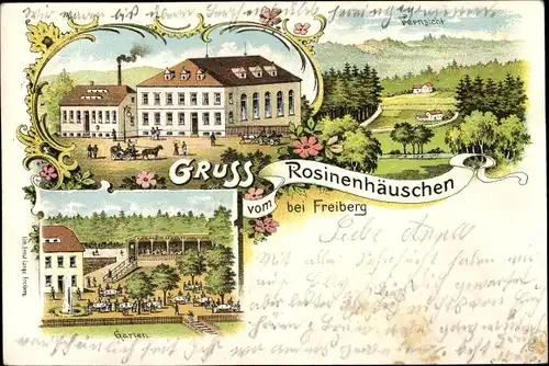 Litho Freiberg in Sachsen, Rosinenhäuschen, Garten, Fernsicht