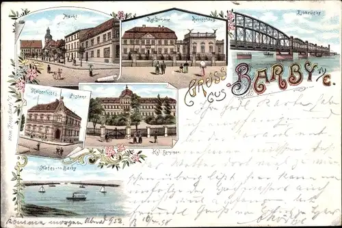 Litho Barby an der Elbe, Herrenhaus, Elbbrücke, Postamt, Kgl. Seminar, Hafen, Markt