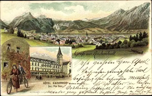 Litho Bad Reichenhall in Oberbayern, Totalansicht, Hotel Kaiserhof, Radfahrer