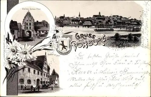 Litho Vohburg an der Donau Oberbayern, Gasthof zur Post, Kleines Donau-Tor, Wappen