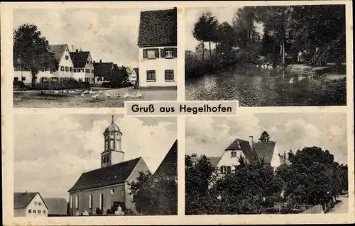 Ak Hegelhofen Weißenhorn in Bayern, Straßenpartie, Kirche, Wohnhäuser, Teich