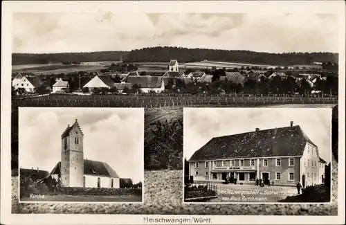 Ak Fleischwangen in Württemberg, Kirche, Warengeschäft und Gastwirtschaft, Panorama vom Ort