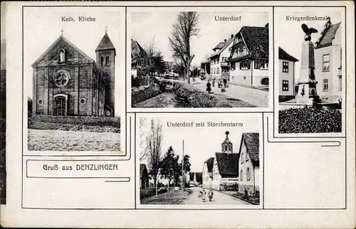Ak Denzlingen im Breisgau, Katholische Kirche, Kriegerdenkmal, Unterdorf mit Storchenturm