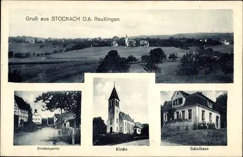 Ak Stockach Gomaringen Baden Württemberg, Straßenpartie, Kirche, Schulhaus