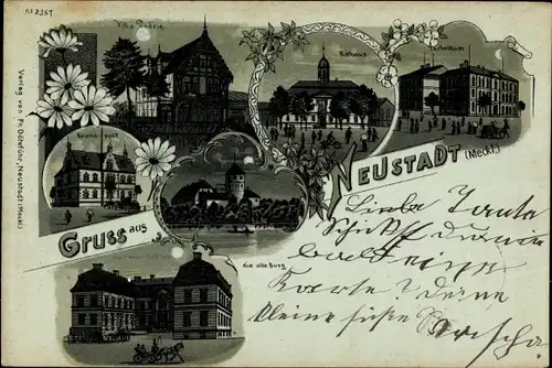 Mondschein Litho Neustadt Glewe in Mecklenburg, Rathaus, Technikum, Die alte Burg, Schloss
