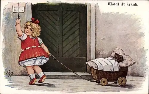Künstler Ak Scheuermann, Willi, Waldl ist krank, Dackel im Kinderwagen, Mädchen