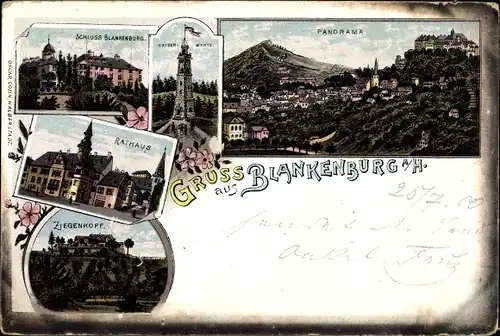 Litho Blankenburg am Harz, Stadtansichten, Schloss, Rathaus, Ziegenkopf, Panorama