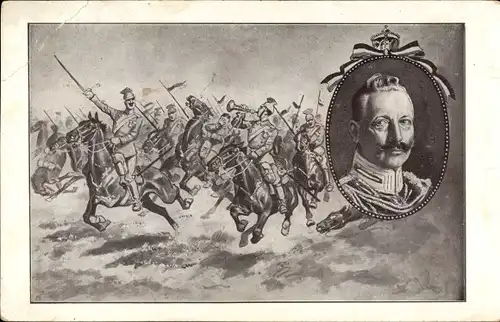 Künstler Ak Kaiser Wilhelm II., Soldaten im Feld, Ulanen