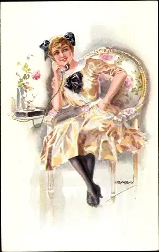 Künstler Ak Usabal, Luis, Portrait einer Frau am Telefon