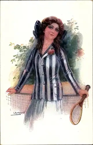 Künstler Ak Usabal, Luis, Portrait einer Frau mit Tennisschläger