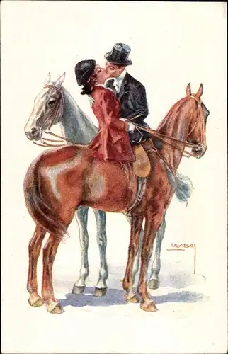 Künstler Ak Usabal, Luis, Liebespaar auf Pferden beim Kuss, Reiterpaar