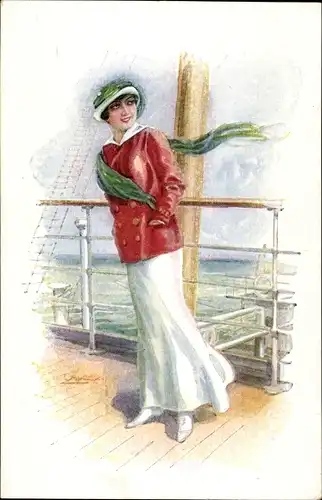 Künstler Ak Usabal, Luis, Junge Frau an Deck eines Schiffes