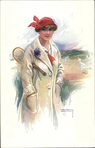 Künstler Ak Usabal, Luis, Junge Frau im Mantel, Tennisschläger