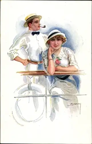 Künstler Ak Usabal, Luis, Junge Frau auf die Reling eines Schiffes gelehnt, Mann mit Pfeife