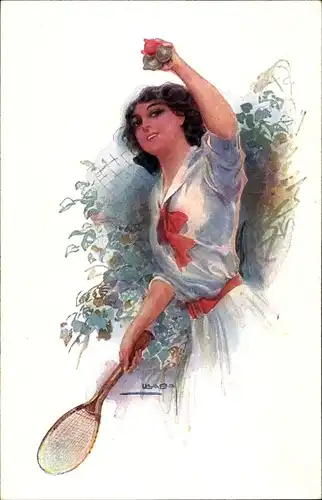 Künstler Ak Usabal, Luis, Frau mit Tennisschläger, Tennisbälle