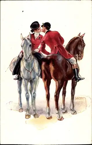 Künstler Ak Usabal, Luis, Liebespaar, Reiterpaar auf Pferden beim Kuss