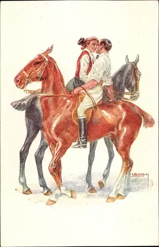 Künstler Ak Usabal, Luis, Reiter, Liebespaar auf Pferden