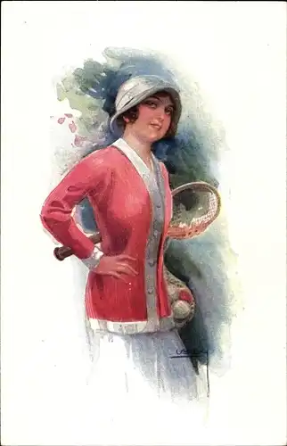 Künstler Ak Usabal, Luis, Frau in rotem Kleid, Tennisschläger