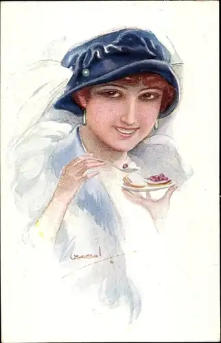 Künstler Ak Usabal, Luis, Portrait einer jungen Frau, Hut, Dessertteller