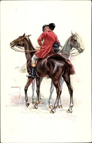 Künstler Ak Usabal, Luis, Reiterpaar, Liebespaar auf Pferden