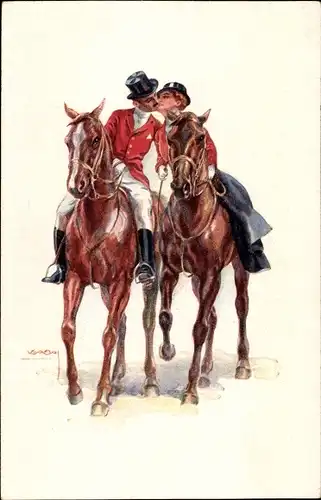 Künstler Ak Usabal, Luis, Reiterpaar, Liebespaar auf Pferden beim Kuss
