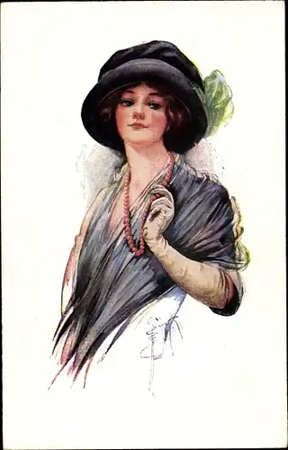 Künstler Ak Barber, Court, Dame mit Hut, Perlenkette, Portrait