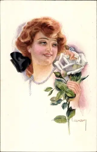 Künstler Ak Usabal, Luis, Portrait einer jungen Frau mit weißer Rose, Amor