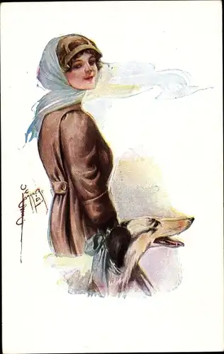 Künstler Ak Barber, Court, Junge Frau im Mantel, Kopftuch, Windhund
