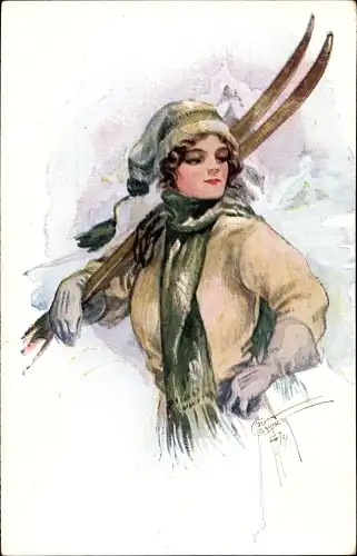 Künstler Ak Barber, Court, Junge Frau in Winterkleidung, Ski