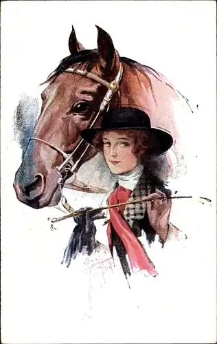 Künstler Ak Barber, Court, Frau in Reitkleidung mit Pferd