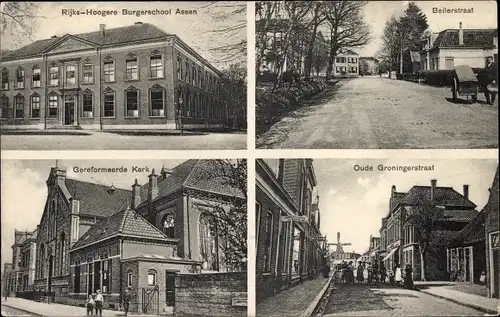 Ak Assen Drenthe Niederlande, Geref. Kerk, Beilerstraat, Oude Groningerstraat, Burgerschool