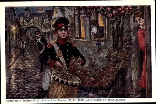 Künstler Ak Baluschek, Hans, Volkslied Nr. 17, Bin der kleine Tambour Beith, Kriegsausmarsch