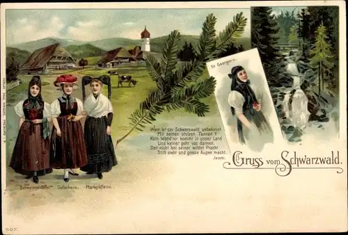 Litho Frauen in Schwarzwälder Volkstrachten, Gutacherin, Markgräflerin, Wasserfall
