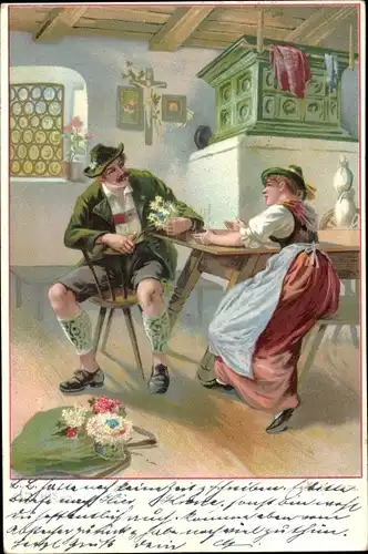 Litho Liebe, Paar in Tracht sitzt vor dem Ofen, Blumen