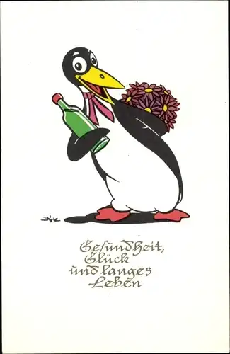 Ak Glückwunsch Geburtstag, Pinguin mit Blumenstrauß und Weinflasche