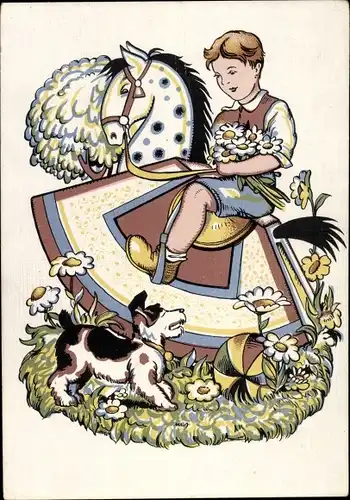 Künstler Ak Junge auf einem Schaukelpferd, Hund, Ball