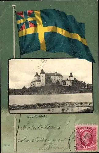 Ak Lidköping Schweden, Leckö slott, Schwedische Fahne