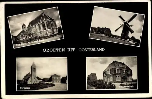 Ak Oosterland Wieringen Nordholland, Molen, Kerkplein, Gemeentehuis, Ned. Herv. Kerk met toren