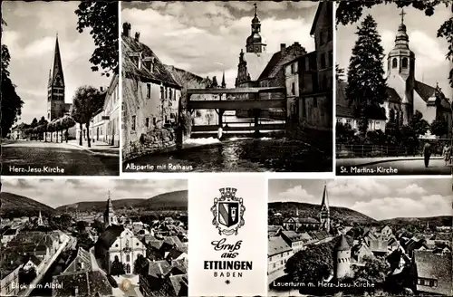 Ak Ettlingen in Baden, Herz Jesu Kirche, Rathaus, St. Martinskirche