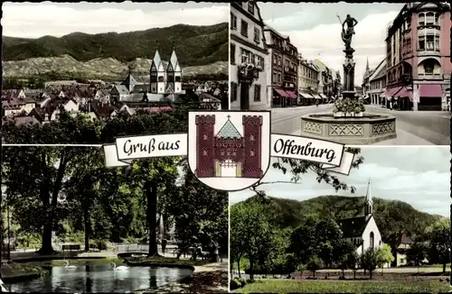 Ak Offenburg in Baden Schwarzwald, Wappen, Ortspartie, Platz mit Brunnen, Kirche