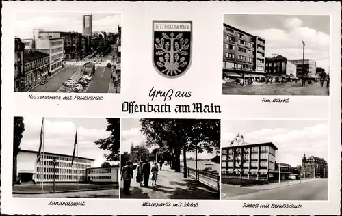 Ak Offenbach am Main Hessen, Kaiserstraße, Markt, Paulskirche, Landratsamt, Schloss, Berufsschule