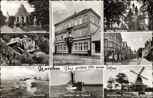 Ak Norden Ostfriesland, Hotel Deutsches Haus, Norddeicher Mühle, Altes Rathaus, Frisia, Lütetsburg