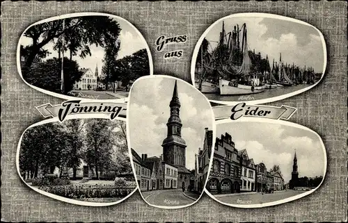 Ak Tönning in Nordfriesland, Hafen, Kirche, Markt, Am Ehrenmal