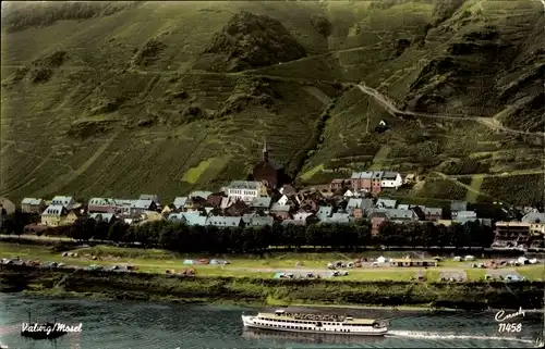 Ak Valwig an der Mosel, Mosel mit Campingplatz, Schiff