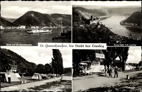 Ak Sankt Goarshausen am Rhein, Loreley, Blick auf Ort, Burg Katz, Zeltplatz