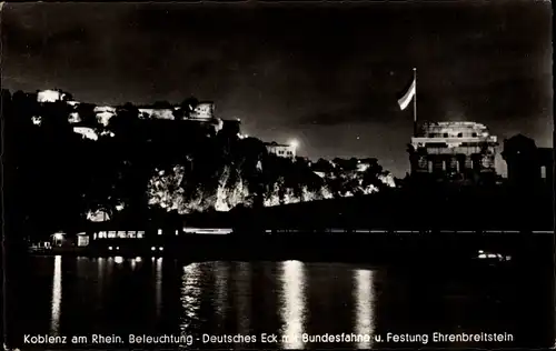 Ak Koblenz am Rhein, Beleuchtung bei Nacht, Deutsches Eck, Bundesfahne, Festung Ehrenbreitstein