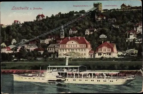 Ak Dresden Loschwitz, Bergschwebebahn, Loschwitzhöhe, Raddampfer