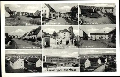 Ak Schöningen am Elm, Ringstraße, Eichendorffstraße, Goetheplatz, Burgstraße, Markt mit Rathaus