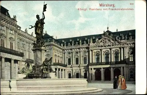 Ak Würzburg am Main Unterfranken, Königl. Residenz mit Frankoniabrunnen, Denkmal